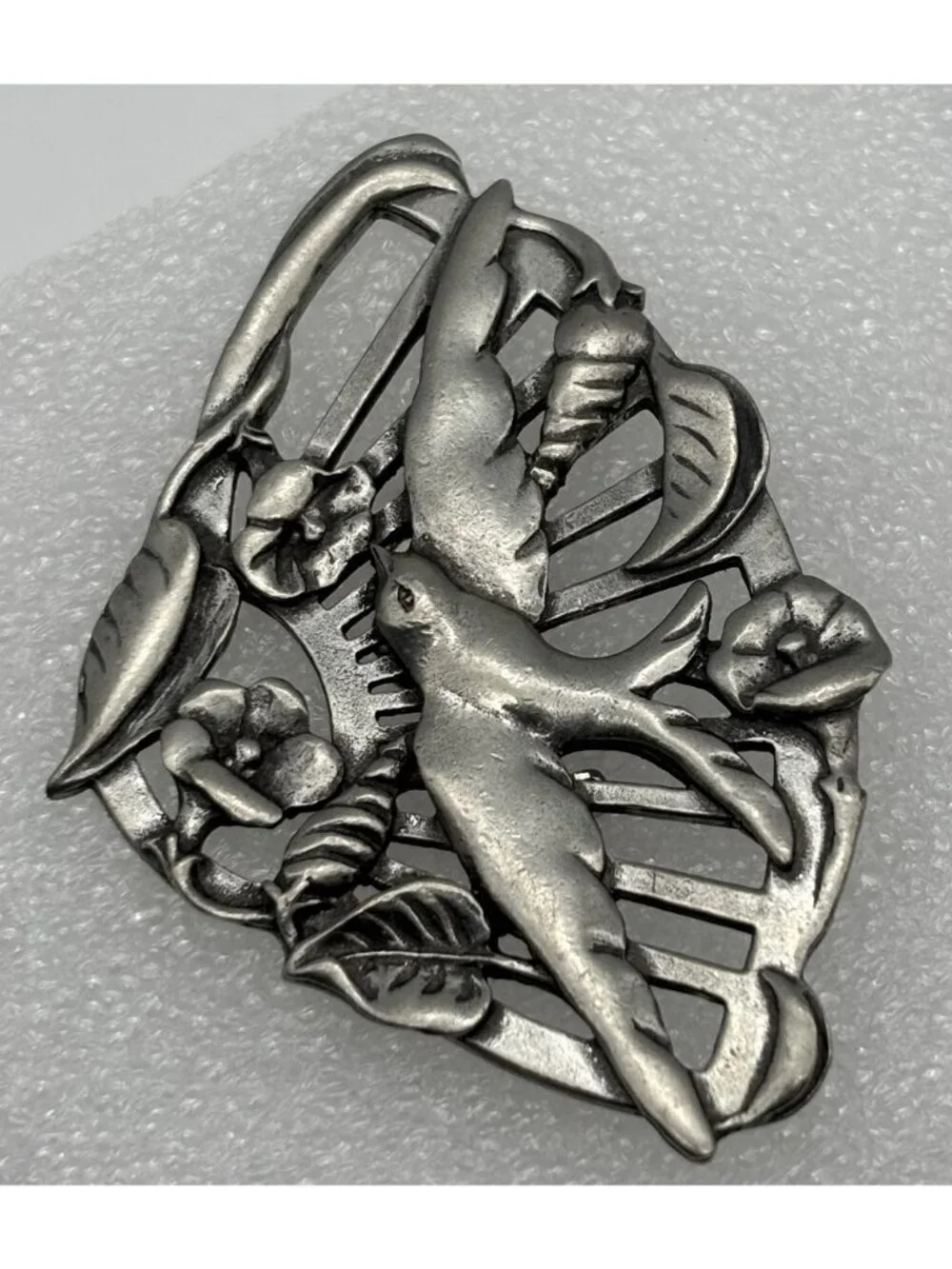 Vintage Bird in Flight Floral Fan Brooch Seagull Pewter Canada Late 1980s Signed